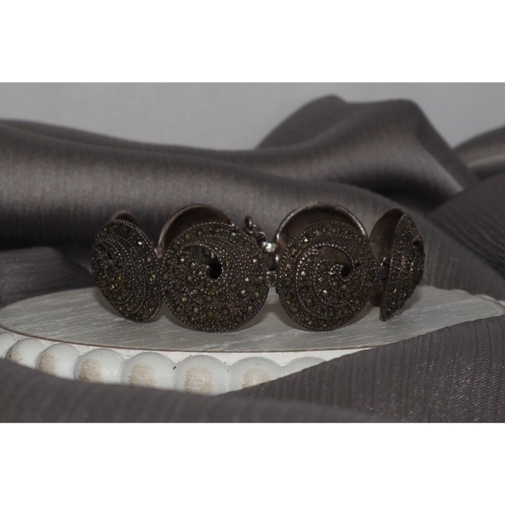 Vintage Sterling Silver Swirl Marcasite Link Bracelet 29.2G / 6.5in / 19.5mm